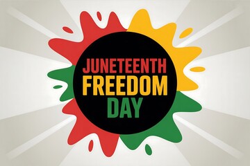 Juneteenth freedom day graphic with red green and yellow splashes on a white background
