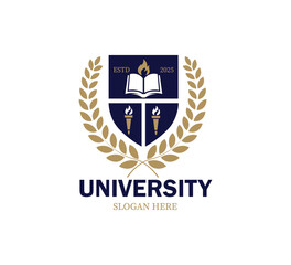 Modern logo design showcases an open book, symbolic torches, and a laurel wreath, emphasizing education and knowledge. Ideal for university branding and marketing efforts.