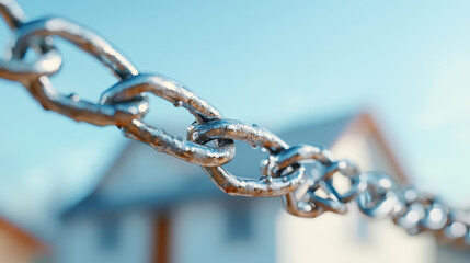Fototapeta premium Close up of shiny metal chain links, symbolizing security and connection, with blurred house in background