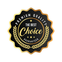 A decorative badge showcases premium quality with the best choice guarantee, featuring gold accents and a black background. Ideal for branding products and services in a minimalist style.