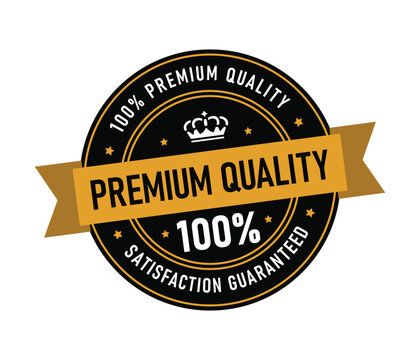 This graphic highlights a premium quality badge, featuring a crown and a banner with a 100 percent satisfaction guarantee. The design communicates assurance and trust in products.