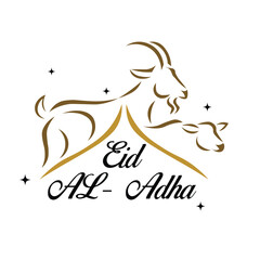 Bakri creative template vector card, Eid al adha mubarak the celebration of muslim community festival background, banner, greeting design with gold color theme. lamb and goat