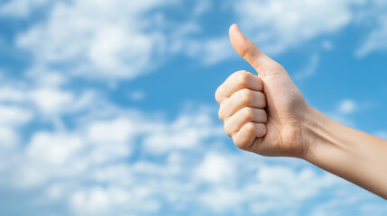 Hand gesture approval sign against bright blue sky with fluffy clouds, conveying positivity and encouragement
