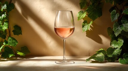 A glass of rose wine sits on a sunlit table next to green ivy.