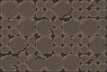 Pixel art tileset of cracked dirt or stone blocks for retro video games. Ideal for platformers, dungeon crawlers, game asset and 2D pixel games. Seamless textures with damaged and worn variations.