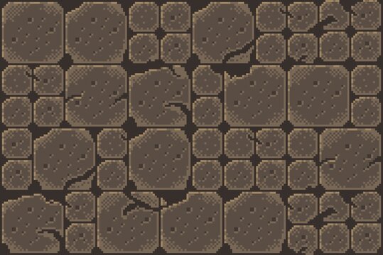 Pixel art tileset of cracked dirt or stone blocks for retro video games. Ideal for platformers, dungeon crawlers, game asset and 2D pixel games. Seamless textures with damaged and worn variations.