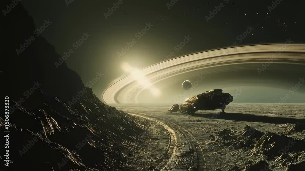 Wall mural futuristic spaceship landing on an unexplored planet with visible tire tracks on the ground, rings a