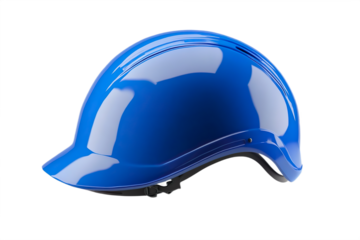 Simple & minimalistic, single colour, ultra high quality electrical safety helmet, bright blue shell, insulated lining, chin guard isolated on transparent background