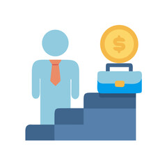 Financial success: Businessman climbing stairs with briefcase and coin