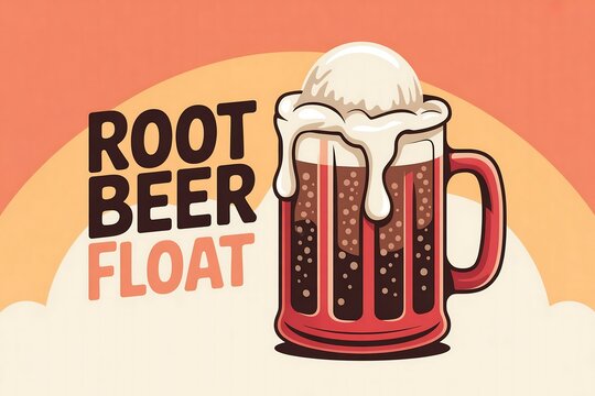 Illustration of a root beer float in a mug with ice cream on an orange background