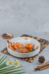 Indonesian-style shrimp cooked in Padang chili sauce. A bold, spicy seafood dish rich in flavor, perfect for showcasing traditional Indonesian cuisine and vibrant food visuals.