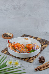 Indonesian-style shrimp cooked in Padang chili sauce. A bold, spicy seafood dish rich in flavor, perfect for showcasing traditional Indonesian cuisine and vibrant food visuals.