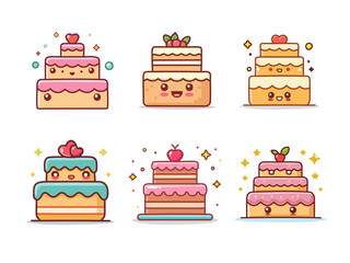 Happy Cartoon Layer Cake – Cute Tiered Cake with Expressions and Icing in Kawaii Style for Bakery, Party, and Kids Clipart Sets