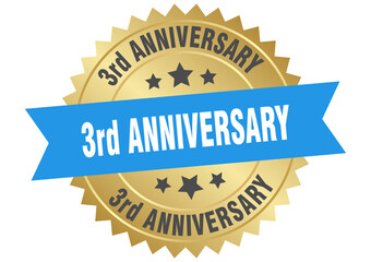3rd anniversary. 3rd anniversary round blue and gold label isolated on transparent background