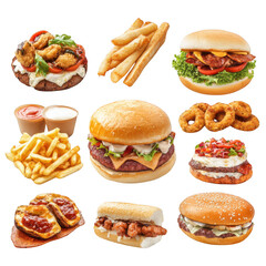 Assorted fast food meals isolated on transparent background