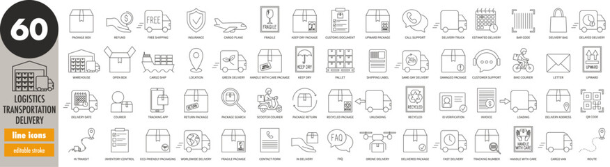 Logistics, transportation, delivery - editable stroke thin line icons set. Courier, cargo, warehouse, package, shipment, tracking number, delivery address, pallet, van, truck, vector illustration