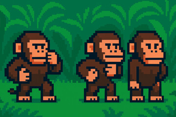  Animated pixel monkey characters in walking pose – jungle sprite set. Three animated pixel art monkeys in different walking poses, ideal for jungle-themed games