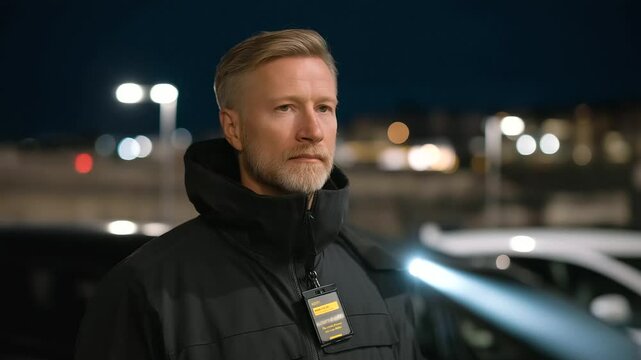 1_Security guard inspecting parking lot with flashlight, streetlight