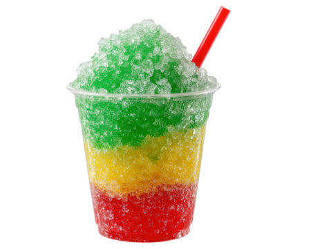 Layered slush drink featuring vibrant red, yellow, and green stripes, topped with crushed ice and red straw, evokes refreshing and fun experience. Perfect for hot days
