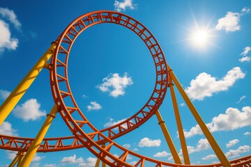 Colorful Looping Roller Coaster Thrill Ride Amusement Park Theme Beautiful Sunny Day Blue Sky Fun Excitement Adventure Concept Dynamic Action Scene Photography