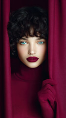 A captivating portrait of a woman with intense blue eyes, framed by a deep burgundy curtain, her expression a blend of allure and mystery.