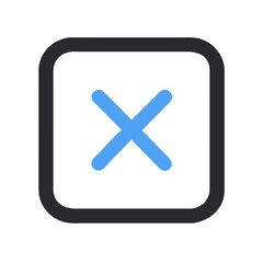Blue cross icon within a rounded dark square frame