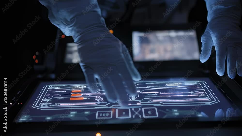 Poster gloved hands manipulate holographic interface, displaying earth and intricate spaceship schematics, 