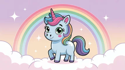 Adorable cartoon unicorn with rainbow and clouds in a pastel colored magical scene