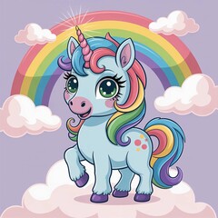 Adorable cartoon unicorn with rainbow mane and tail standing on a cloud illustration