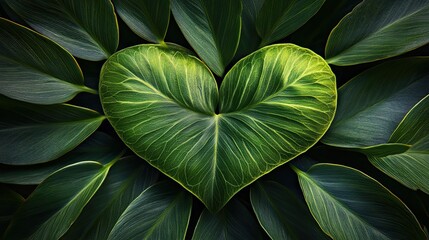 A vibrant heart shaped leaf surrounded by lush foliage symbolizing love for nature and growth with