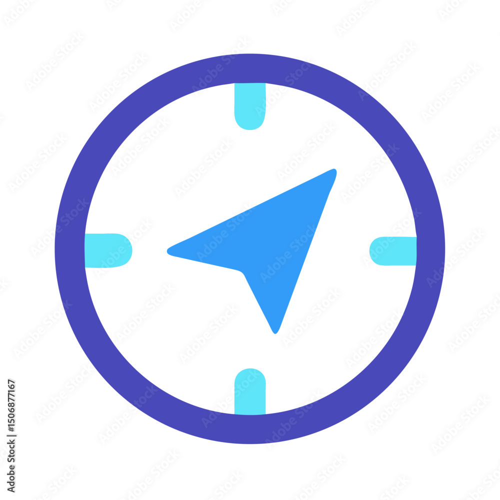 Poster blue navigation pointer within a circular purple frame