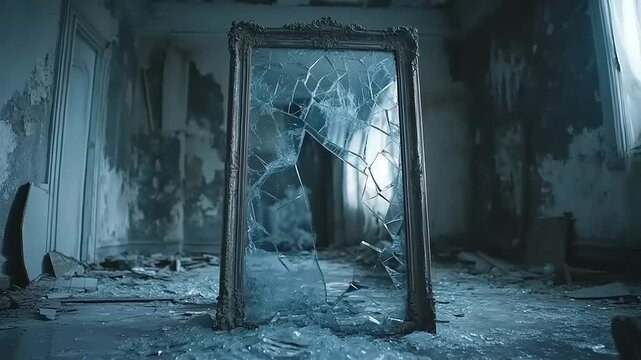Broken mirror in abandoned room with eerie atmosphere