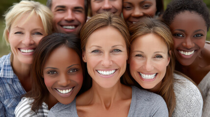 Fototapeta premium Group of Smiling People: A diverse group of smiling individuals, showcasing happiness, unity, and the beauty of human connection. Capturing the essence of joy, collaboration.