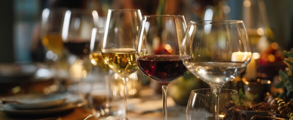 The elegant arrangement of wine glasses at a festive dinner table.