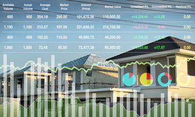 Stock financial index data with graph and chart show successful investment on construction industry and property business of housing projects.
