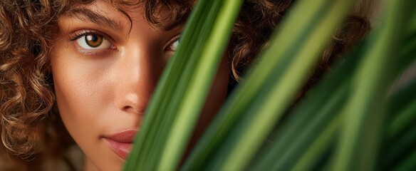 Fototapeta premium The captivating beauty of a woman with curly hair peeking through green leaves.