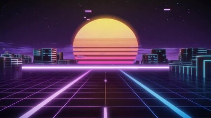 1980s synthwave spiral city, infinite vortex road, skyscrapers, electric cars driving, retro sun in center, dreamy neon lights, purple orange gradient sky, futuristic loop, vaporwave dreamscape - Powered by Adobe