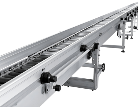 Detailed View Of Industrial Conveyor System With Metal Rollers For Material Handling On Transparent Background