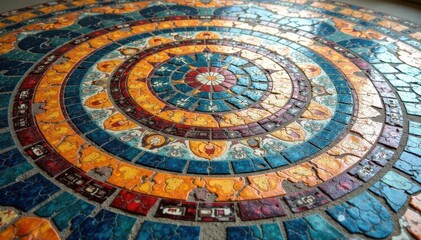Intricate tile mosaic floor, geometric design, craft, design