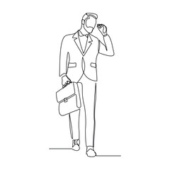 Continuous line drawing of happy young business man holding briefcase suitcase money case. Single one line art of office worker. Vector illustration