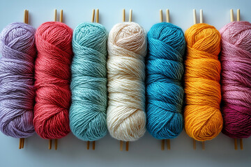 Craft influencer vibe. Colorful yarns for knitting on a white background. Top view.