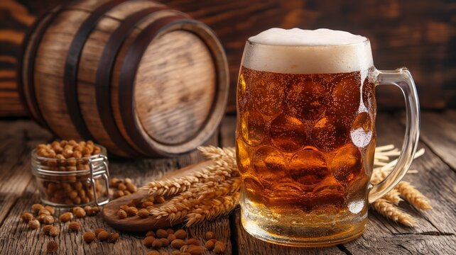 Enjoying a refreshing beer in a rustic setting with barley and wheat - Powered by Adobe