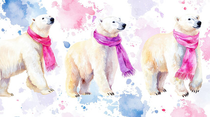 Watercolor polar bears wearing colorful scarves, showcasing playful and whimsical design with soft pastel splashes