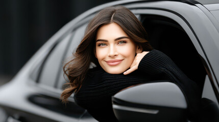 Glamorous Passenger: A radiant woman gazes serenely, her elegant posture enhanced by the sleek lines of a luxury vehicle, in this high-definition shot, that shows modern lifestyle.