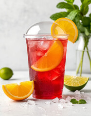 Fototapeta premium Lemonade red-orange in a glass on a white background. AI generated.