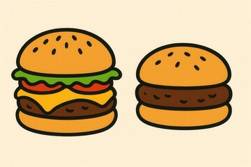 Classic Burger and Hamburger Fast Food Icons Simple Illustration Style Isolated or Grouped American Diner Menu Graphic Comfort Food Visual Element Design