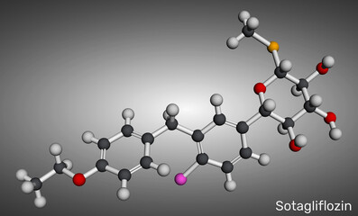 Sotagliflozin molecule. Dual SGLT1 and SGLT2 inhibitor used in diabetes treatment. Molecular model. 3D rendering