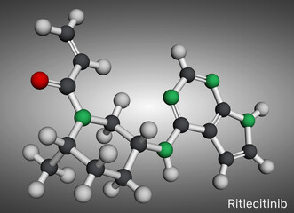 Obraz premium Ritlecitinib molecule. JAK3/TEC inhibitor used in treatment of alopecia areata. Molecular model. 3D rendering