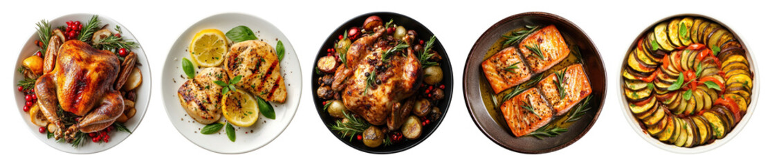 Fototapeta premium PNG Delicious gourmet roasted dishes, element set on transparent background