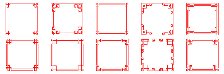 Set of traditional Asian square frames in red. Vector line art with classic ornamental designs. Perfect for borders, invitations, decorations, or cultural graphic elements.